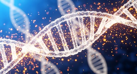 Abstract representation of a dna helix with glowing particles on a blue backdrop