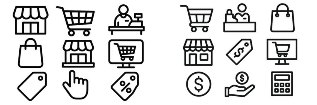Various shopping and retail icons illustrating consumer activities and transactions in a market setting