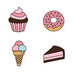 Set of colorful cartoon dessert graphics featuring a cupcake, sprinkled donut, ice cream, and chocolate cake slice. Simple vector illustrations isolated on a white background
