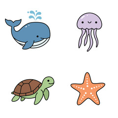 Adorable ocean animal vector icon set featuring a smiling whale, jellyfish, sea turtle, and starfish. Cute aquatic wildlife clipart collection