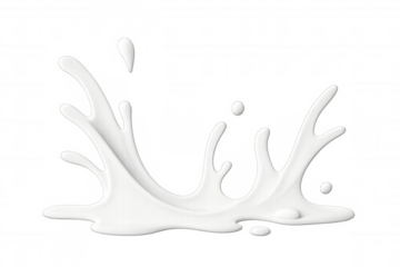 Milk droplets spraying dynamically, capturing liquid movement and smooth, creamy texture against transparent backdrop