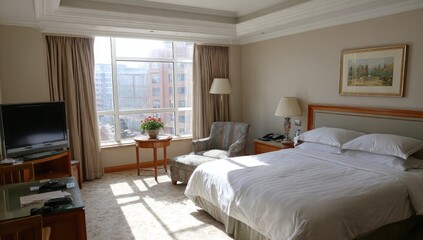 Fototapeta premium A well-lit hotel room boasts a comfortable bed, a large window overlooking a city view, and a television set.
