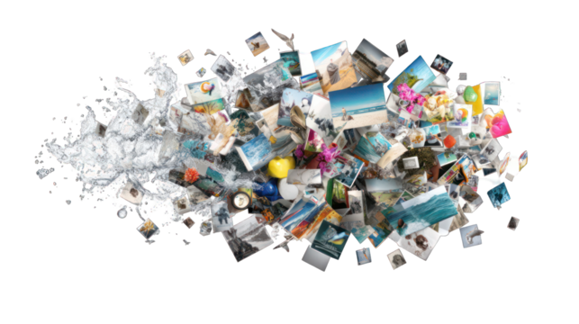 Colorful photo collage exploding from a cloud of white