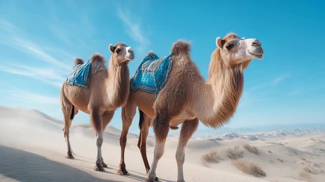Two camels with colorful blankets walk on a sand dune under a clear sky. Great for desert, travel, exotic animals and tourism topics.