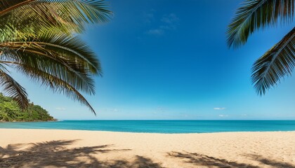tropical beach paradise with palm trees framing blue sky and ocean creating a serene vacation mood sandy foreground and sunny day