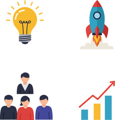 Flat design vector icon collection for business startup concepts, including innovation, project launch, teamwork, and financial growth
