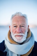 Elderly man with white beard and scarf stands against winter landscape, serene expression