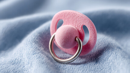 Close up View of a Pink Baby Pacifier on Soft Blue Fabric