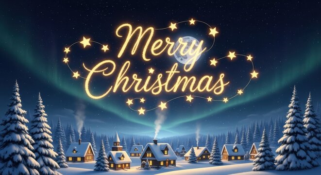 Magical Northern Lights Welcome Merry Christmas to a Snowy Village