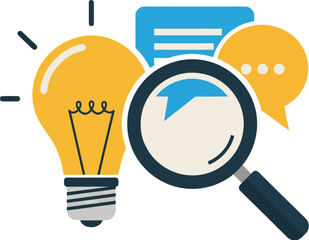 Innovation and research concept with a lightbulb for ideas, a magnifying glass for analysis, and speech bubbles for feedback and communication