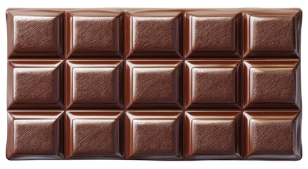 A rectangular chocolate bar, glossy and dark brown, is sectioned into squares.  The surface has a subtle, textured pattern