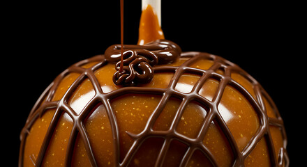 Close-up of a Gourmet Caramel Apple Drizzled with Chocolate and Delightful Details