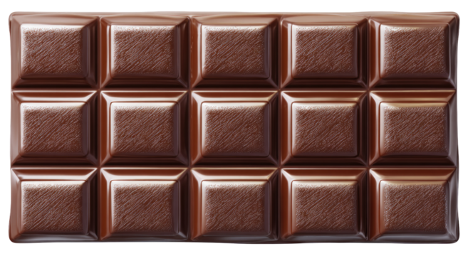 A rectangular chocolate bar, glossy and dark brown, is sectioned into squares.  The surface has a subtle, textured pattern