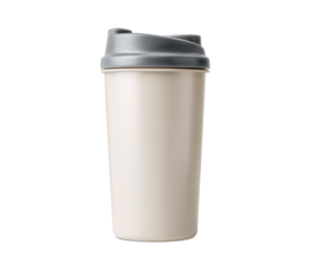 White and gray cup with a lid sits on a transparent background