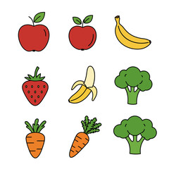 Collection of assorted colorful fruits and vegetables including apples, bananas, strawberries, carrots, and broccoli