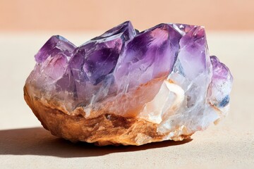 Fototapeta premium Beautiful amethyst crystal showcasing vibrant purple hues and sharp facets on a neutral background