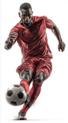 A determined soccer player kicks the ball in a moment of powerful action during a game.