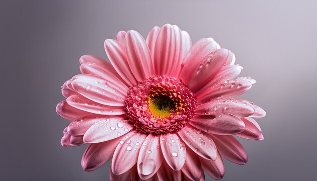 a close up of a pink flower with dew drops reflecting light symbolizing nature s beauty and freshness against a soft gray - Powered by Adobe