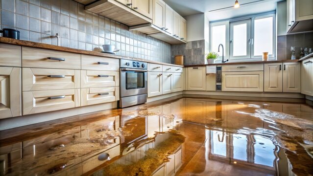 Water damaged kitchen floor with flooded area