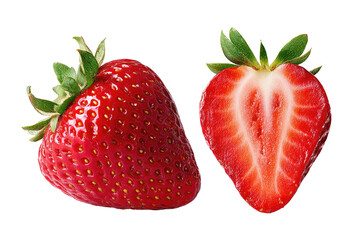 Two fresh strawberries, one whole and one sliced in half, displayed against a black background.  The berries are vibrant red, with visible seeds and green leafy tops