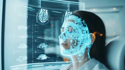 Scientist analyzing patient's face with futuristic medical hud interface - Powered by Adobe
