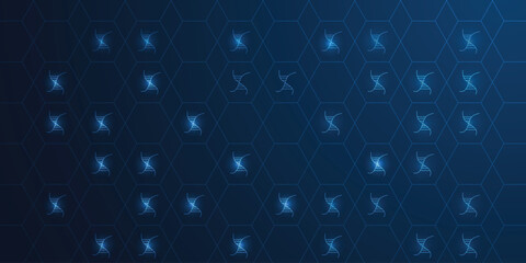 Blue DNA helix icons on hexagonal grid background – futuristic biotech, genetics and medical science vector pattern for banners presentations web apps