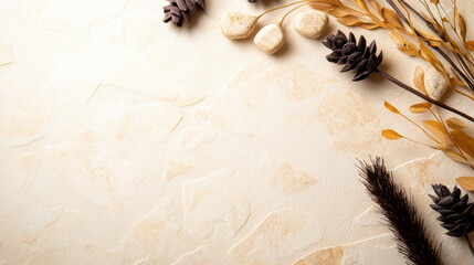Aesthetic arrangement of dried leaves, pine cones, and decorative stones on textured beige background, creating serene and natural atmosphere