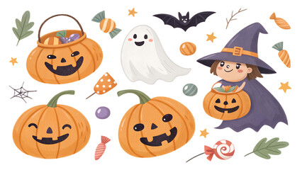 Obraz premium Halloween clipart set with carved pumpkins, witches, ghosts, bats and candy on transparent background