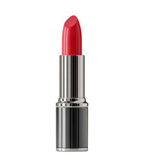 Close-up of a red lipstick.  Metallic silver casing