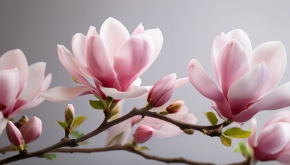Obraz premium delicate magnolia branch with soft pink flowers against a light gray background creating a serene spring atmosphere with gentle floral elegance