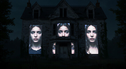 The spectral face of a sad woman illuminated in the windows of an old, creepy house, a concept of haunting and memory
