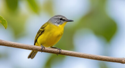 Fototapeta premium Yellow bird perched on a branch in a forest setting