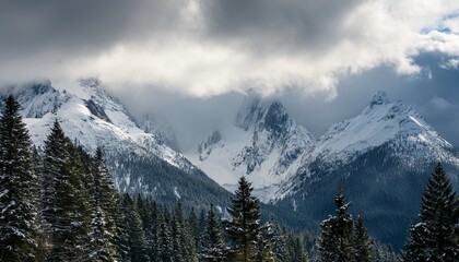 Fototapeta premium snowy jagged mountains with dense pine trees under moody clouds in serene landscape