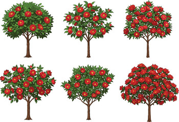 Naklejka premium Beautiful red flower tree illustration set with green leaves and detailed branches, floral nature vector design for decoration and landscape artwork