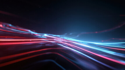 Abstract futuristic neon light waves, glowing blue and red lines on dark background
