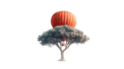 A hot air balloon resting atop a stylized tree against a dark background