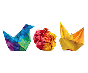Three colorful paper creations.  Rainbow-hued origami birds, one a crumpled paper rosette in the center