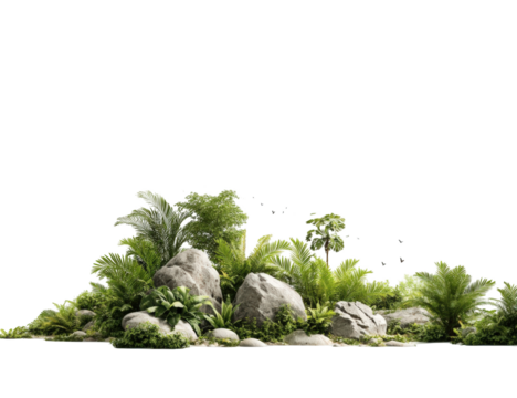 Lush jungle-like landscape with rocks and greenery