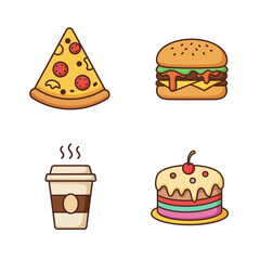 Delicious Food Icons Pizza, Burger, Coffee, and Cake - Perfect for your Culinary Designs