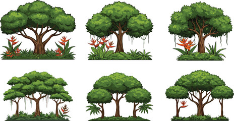 Beautiful tropical forest trees with green leaves and red flowers vector illustration set, exotic jungle landscape nature design illustration cartoon