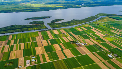 Expansive agricultural fields of various shades stretch to the horizon, punctuated by waterways and lush forests, with a tranquil lake and islands providing a peaceful contrast.
