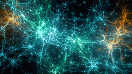 Cosmic web structure with glowing threads and galaxies, abstract universe network and deep space visualization