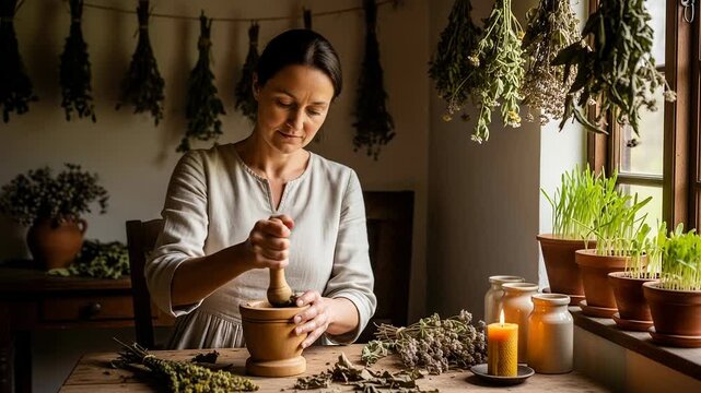 Midwife prepares herbal remedies in a cozy cottage using a mortar and pestle