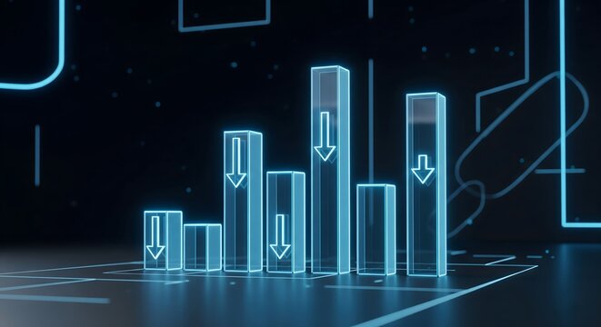 Futuristic neon bar chart with downward arrows digital data visualization - Powered by Adobe