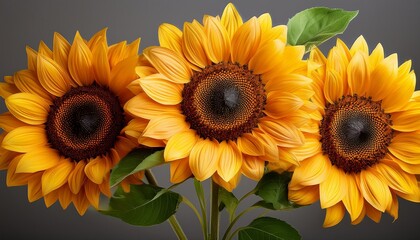 Obraz premium three vibrant sunflowers with green leaves on single stem create cheerful and lively display bright yellow petals and dark centers contrast beautifully