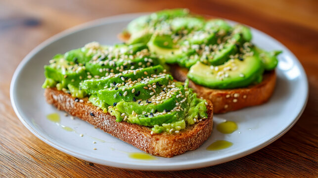 Avocado toast with avocado puree, sesame seeds and olive oil, healthy vegan breakfast and healthy eating concept