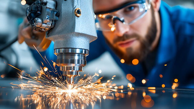Precision metal cutting machining sparks fly at industrial workshop close-up view high-tech environment