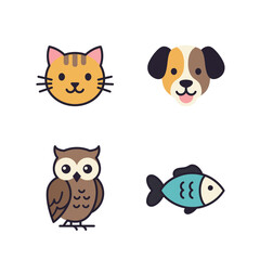 A charming collection of flat design animal icons featuring a cat, dog, owl, and fish. This cute vector set is perfect for various graphic design projects