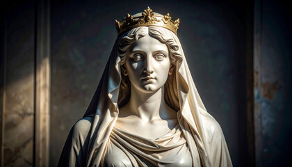 Obraz premium hyper-realistic marble statue of veiled royal figure with crown, smooth stone surface