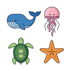 Set of adorable ocean animal icons in a simple cartoon style. Vector collection includes a whale, jellyfish, turtle, and starfish